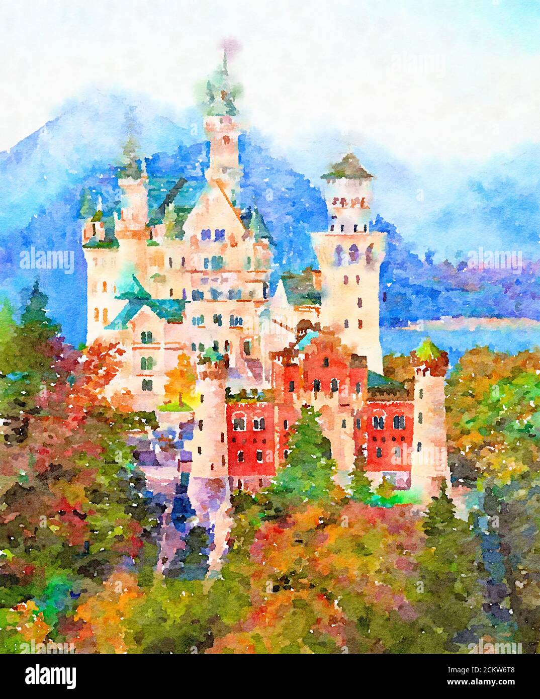 Originale dipinto ad acquerello del famoso castello di Neuschwanstein in  Baviera, Germania Foto stock - Alamy