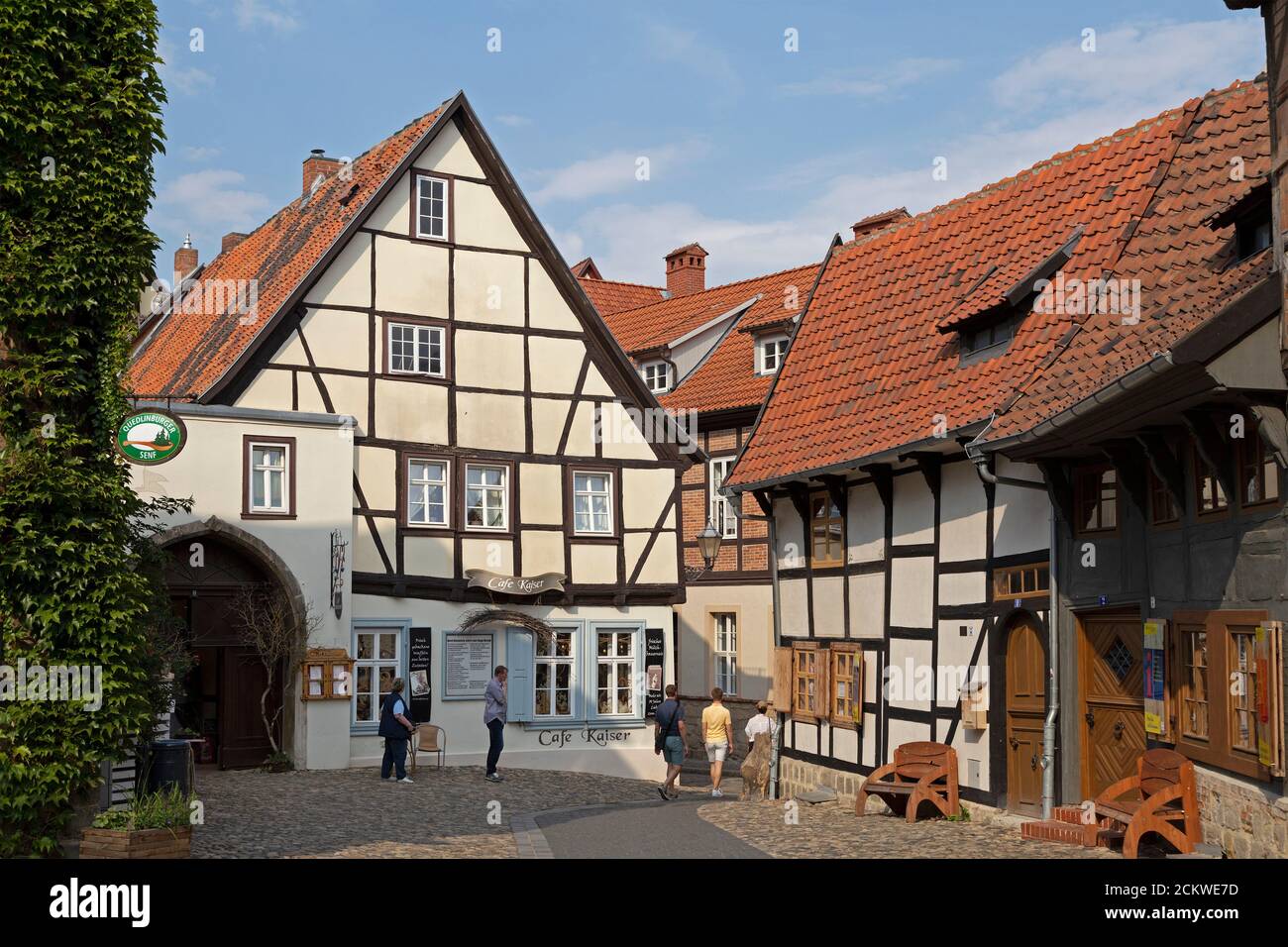 Case con struttura, Schlossberg (collina del castello), Quedlinburg, patrimonio culturale dell'umanità dell'UNESCO, Sassonia Anhalt, Germania Foto Stock