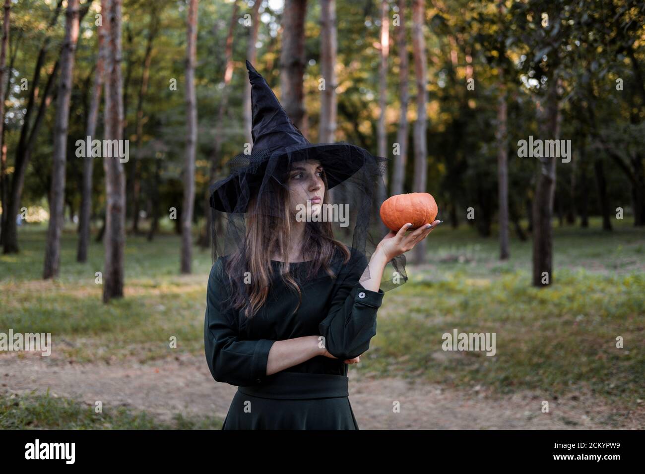 Giovane donna in abito scuro e cappello di strega tiene una zucca nelle sue mani. Costume da festa di Halloween. Foresta, parco con alberi d'autunno Foto Stock