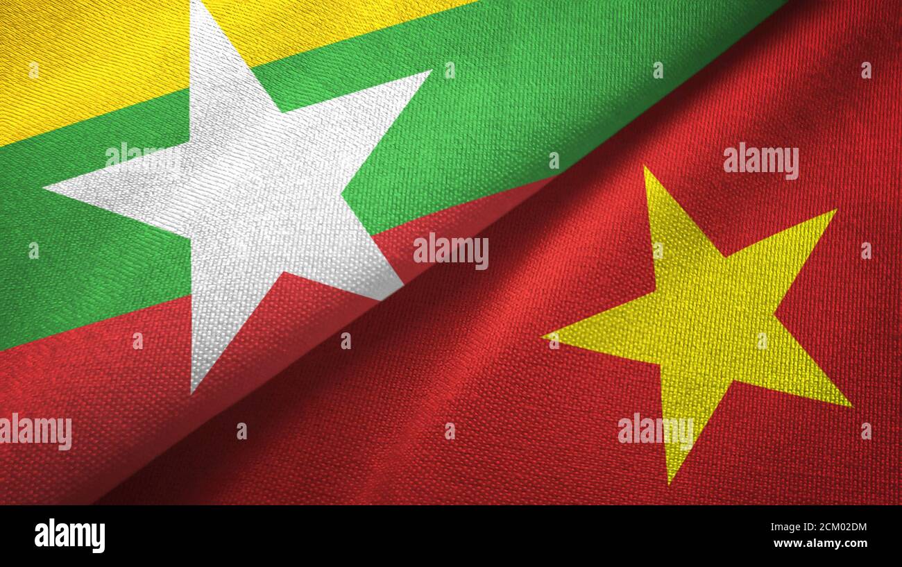 Myanmar e Vietnam due bandiere tessuto tessuto, tessuto Foto Stock