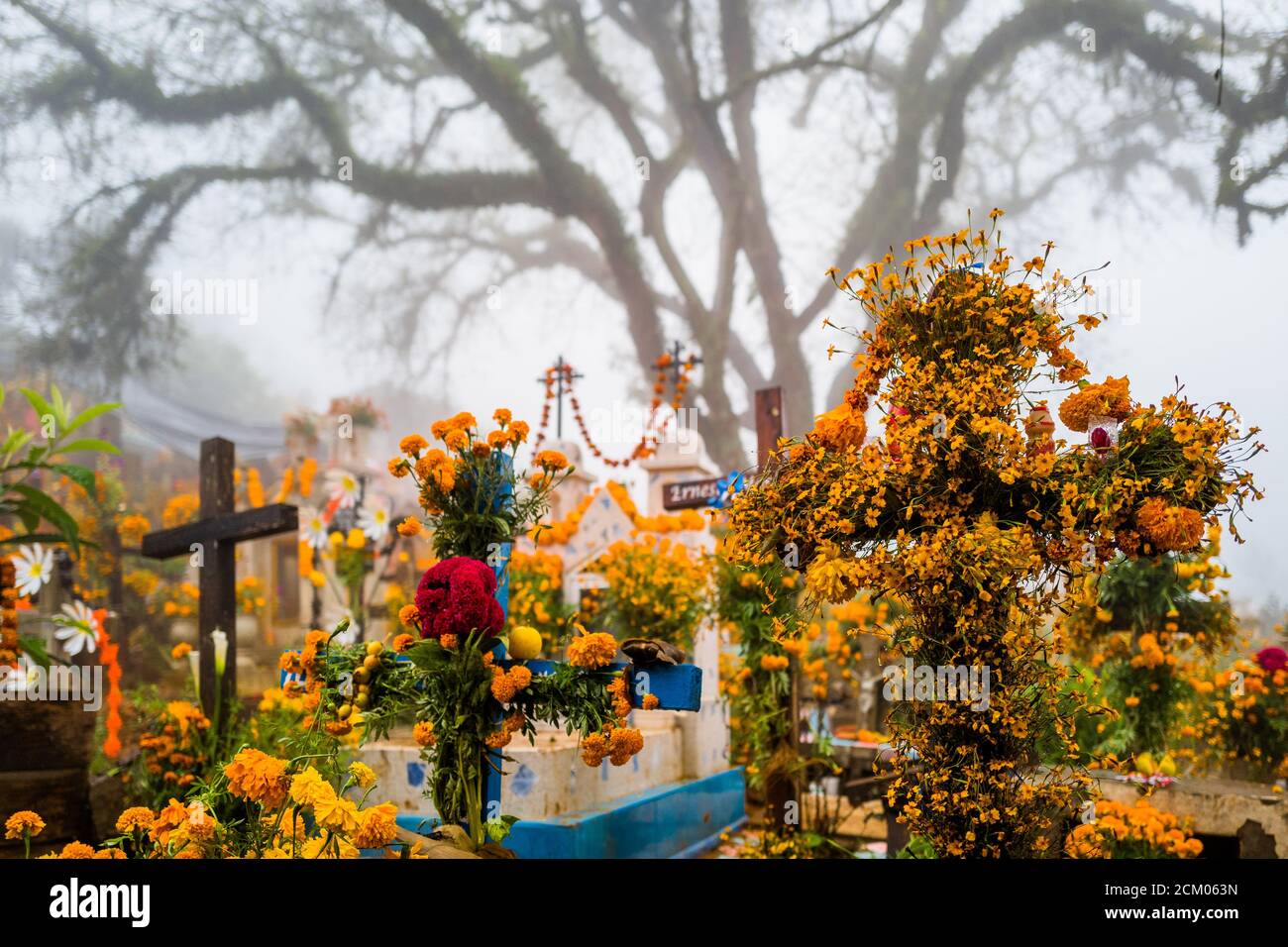 Gravesite e croci sono decorate con fiori in un cimitero durante le celebrazioni del giorno dei morti ad Ayutla, Messico. Foto Stock