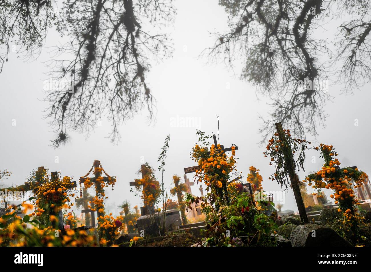 Gravesite e croci sono decorate con fiori in un cimitero durante le celebrazioni del giorno dei morti ad Ayutla, Messico. Foto Stock