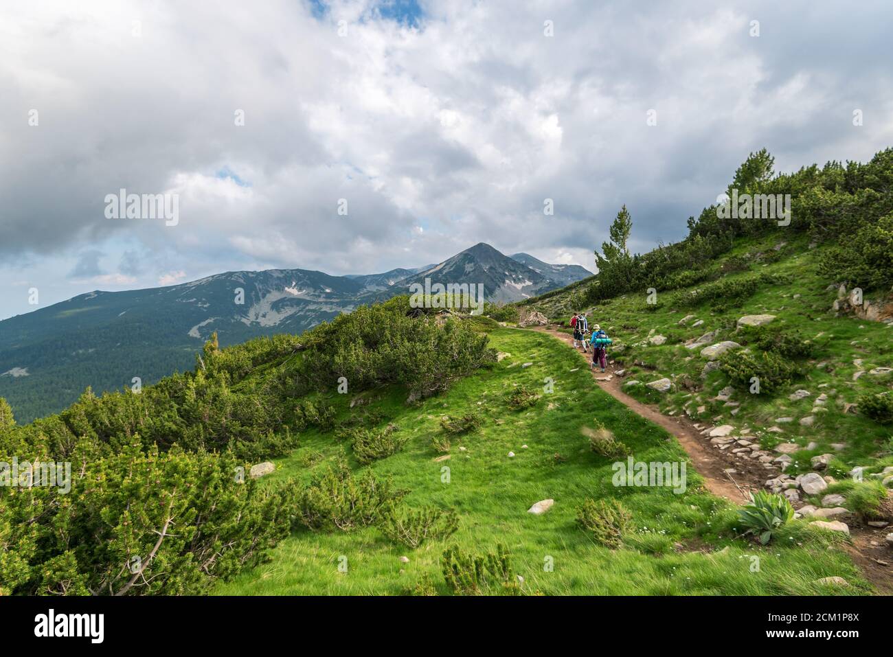 Due escursionisti in montagna con zaini su soleggiate giornate estive. Trekking di montagna in Bulgaria. Foto Stock