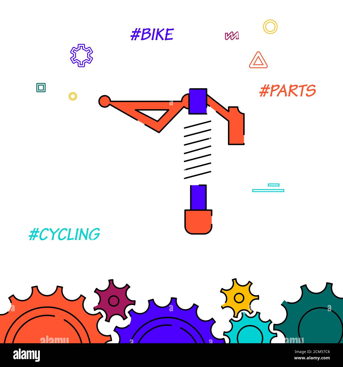 Icona della linea piena dell'ammortizzatore posteriore della bicicletta, illustrazione semplice, bordo inferiore corrispondente. Foto Stock