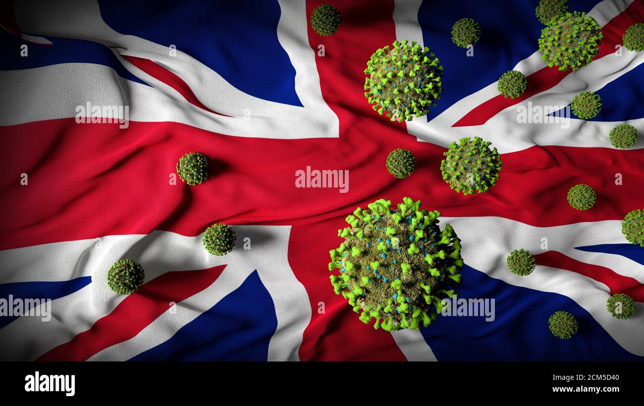 COVID-19 molecole di Coronavirus sulla bandiera britannica - crisi di salute con Aumento dei casi COVID - Regno Unito Virus Pandemic vittime Sfondo astratto Foto Stock