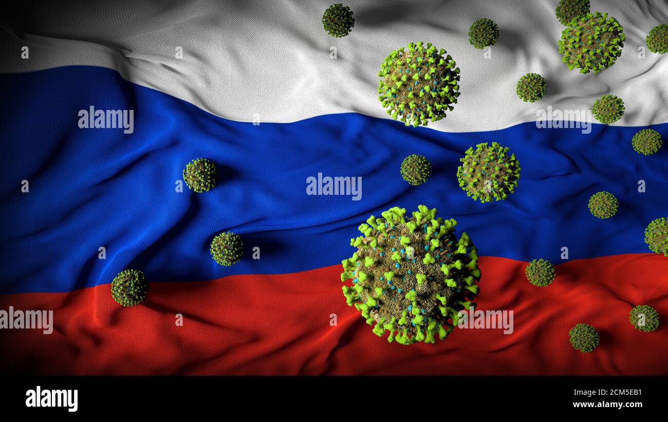 COVID-19 molecole di Coronavirus sulla bandiera russa - crisi di salute con Aumento dei casi COVID - Russia Virus Pandemic casualità astratto Sfondo Foto Stock