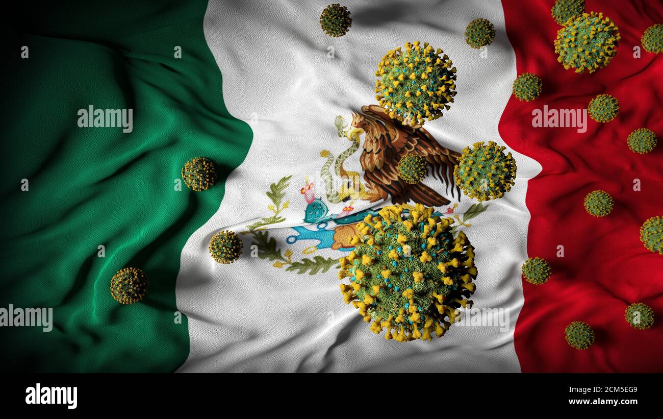 COVID-19 molecole di Coronavirus sulla bandiera messicana - crisi di salute con Aumento dei casi COVID - Messico Virus Pandemic casualità astratto Sfondo Foto Stock