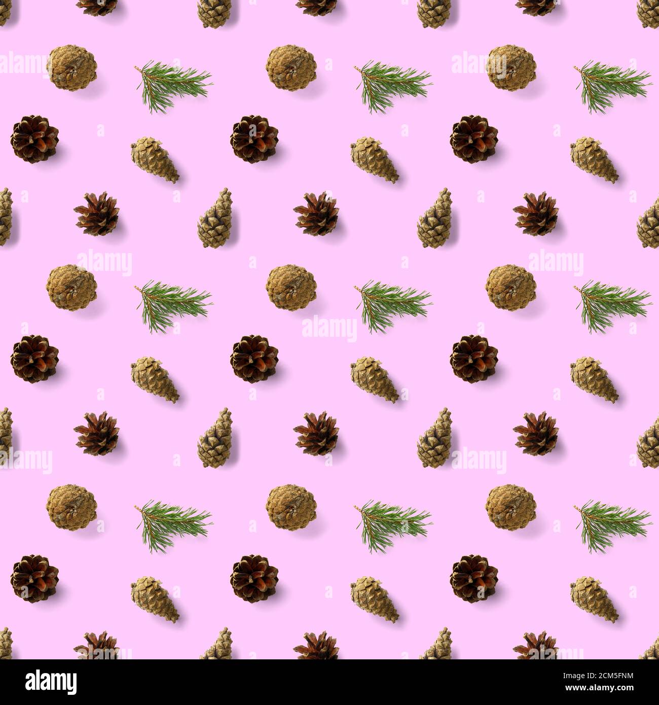 Natale senza cuciture con coni di pino sughero vino e lingonberry. Modello natale senza cuciture su uno sfondo rosa. Collage fotografico realistico. Foto Stock