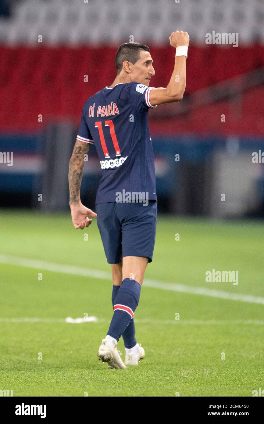 Parigi, Francia. 16 Set 2020. Angel di Maria di Parigi Saint Germain festeggia dopo la Ligue 1 match tra Paris Saint Germain e FC Metz al Parc des Princes di Parigi, Francia, il 16 settembre 2020. Credit: Jack Chan/Xinhua/Alamy Live News Foto Stock