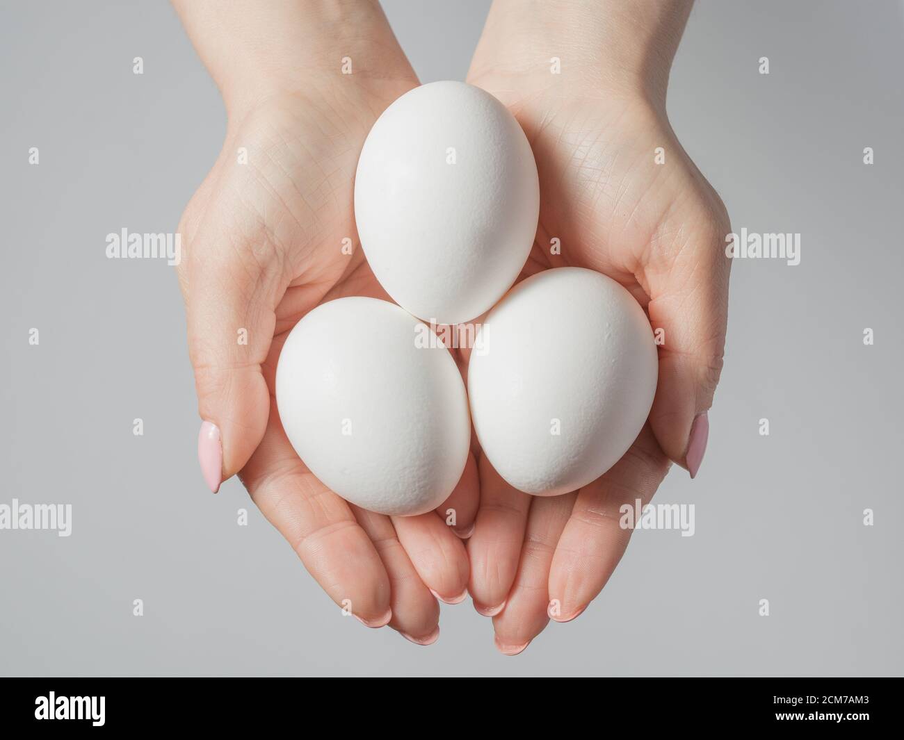 Mani donna con uova bianche isolate su sfondo grigio, concetto Foto Stock