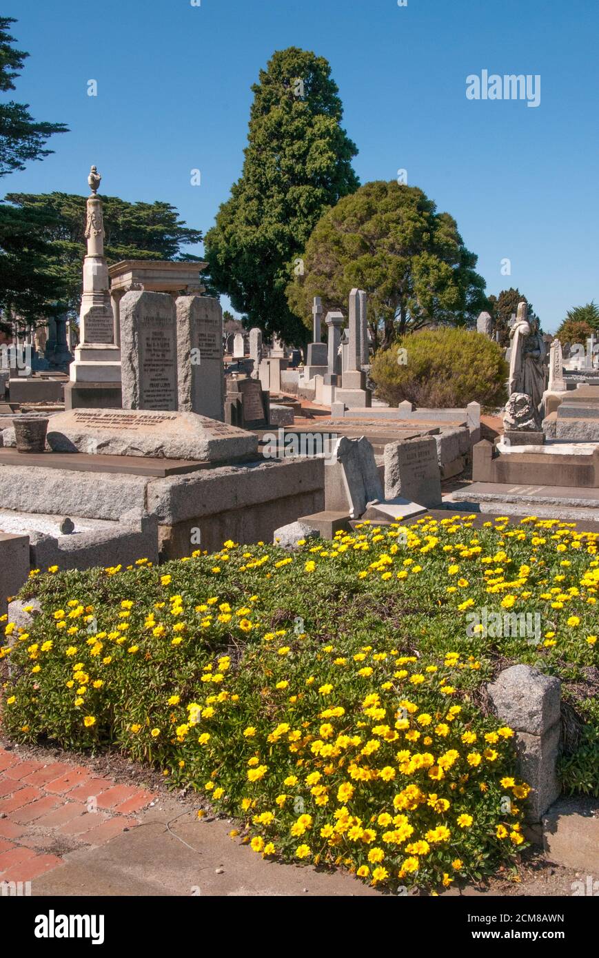Fondato nel 1854, il cimitero generale di Brighton, in stile giardino, è uno dei cimiteri più antichi e significativi di Melbourne Foto Stock