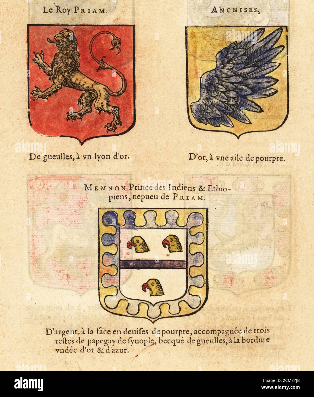 Stemmi di figure mitologiche Re Priam di Troia, Anchise, padre di Enea, e Memnon, re etiope, nipote di Priam. Le Roy PRIAM, ANCHISES, MEMNON Prince des Indiens & Ethioriens, nepueu de PRIAM. Incisione a blocchi di legno colorato a mano da le Blason des Armoiries di Hierosme de Bara, Chez Rolet Bouton, Parigi, 1628 Foto Stock