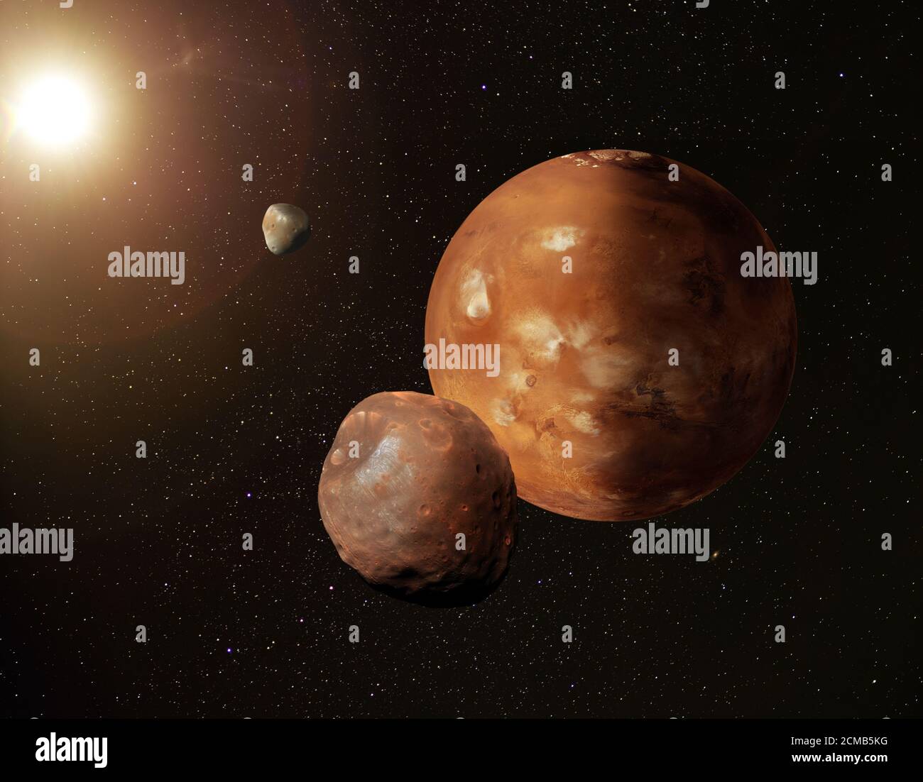 Illustrazione del pianeta Marte nello spazio stellato con le sue lune Phobos e Deimos. Alcuni elementi forniti dalla NASA. Foto Stock
