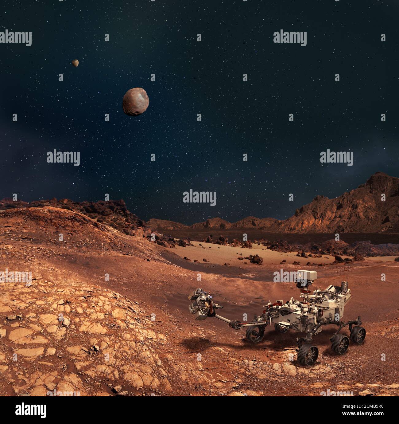 Illustrazione della perseveranza rover nel paesaggio roccioso del pianeta Marte. Lune Phobos e Deimos sul cielo. Alcuni elementi sono forniti dalla NASA. Foto Stock