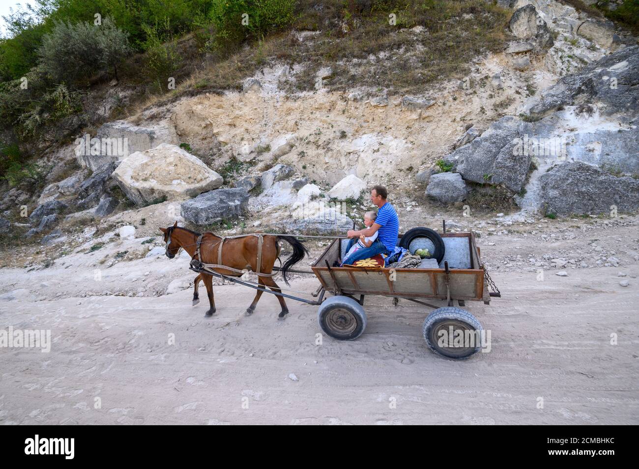 Tradizionale cart a cavallo su strada sterrata di montagna nel nord della Moldavia Foto Stock