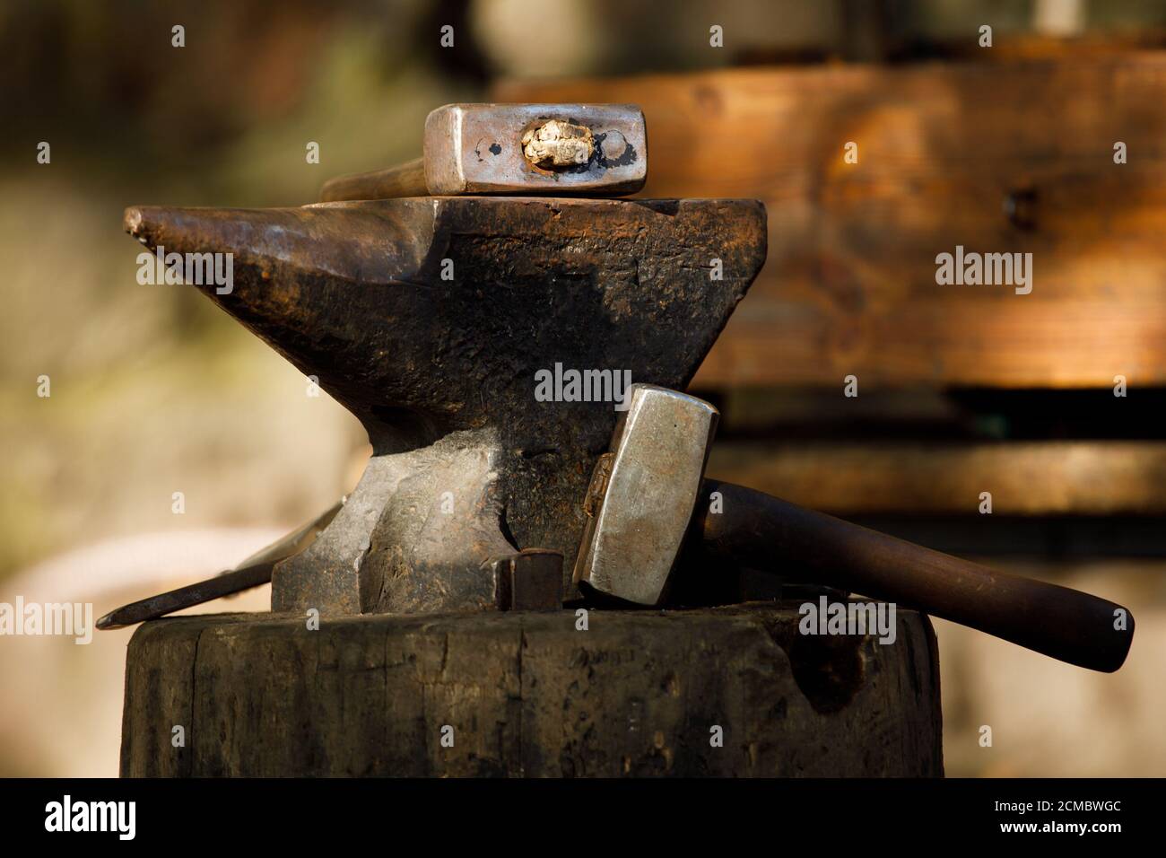 l'incudine del fabbro con un martello giace nella natura Foto stock - Alamy