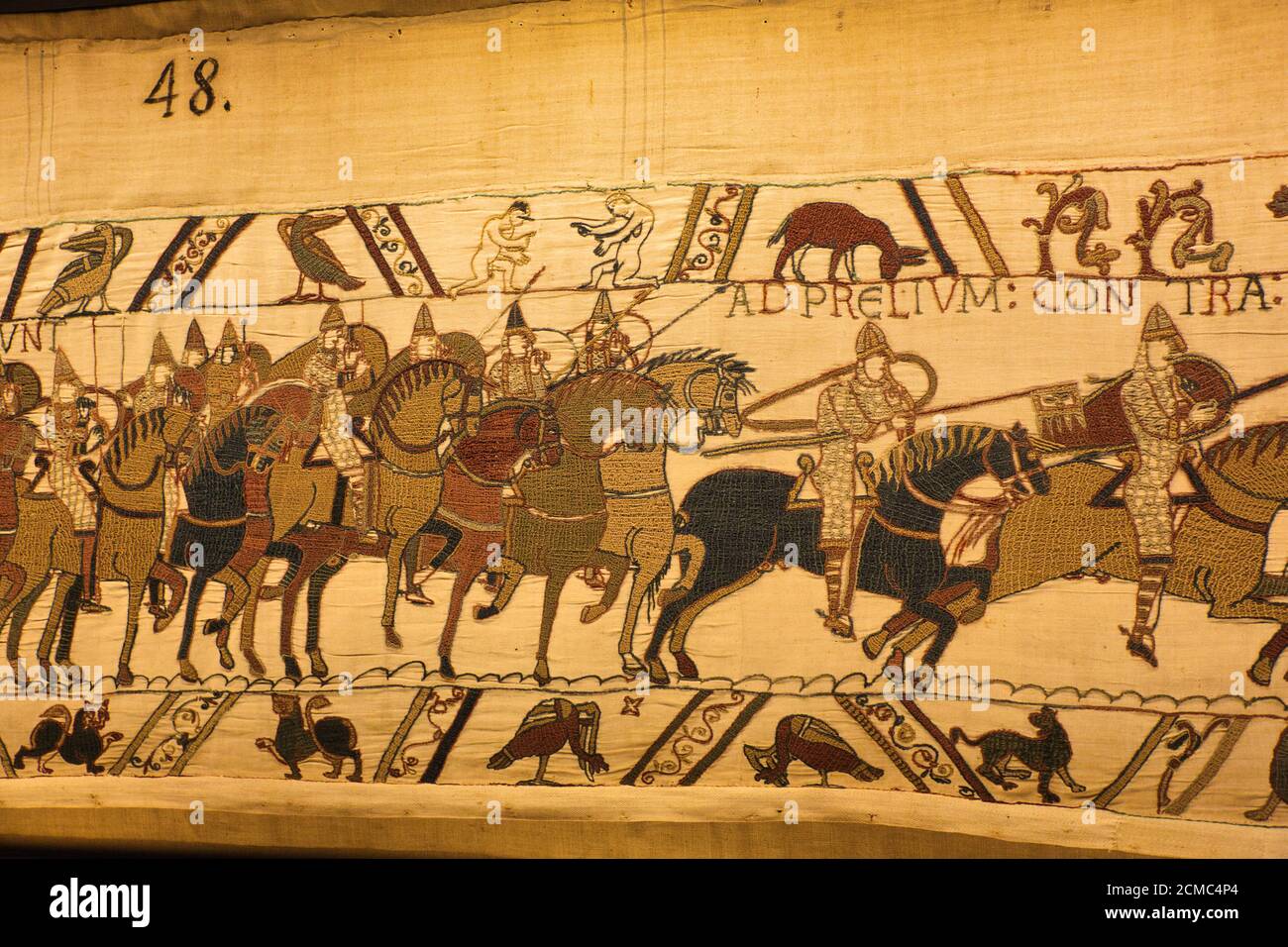 Una scena dal arazzo di Bayeux, Bayeux, Normandia, Francia Foto Stock