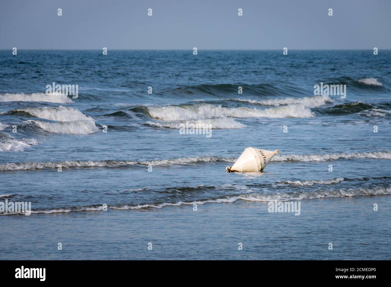 Boa bianca con la parola tedesca „surfen" (engll. Surf) in acqua su una spiaggia contro il cielo Foto Stock