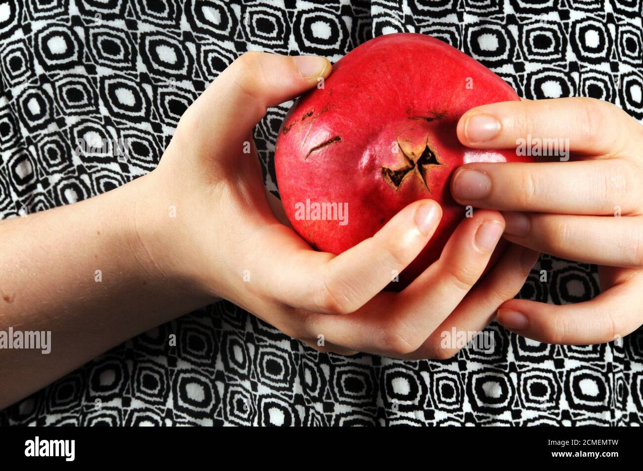 Mani che tengono frutta - melograno Foto Stock