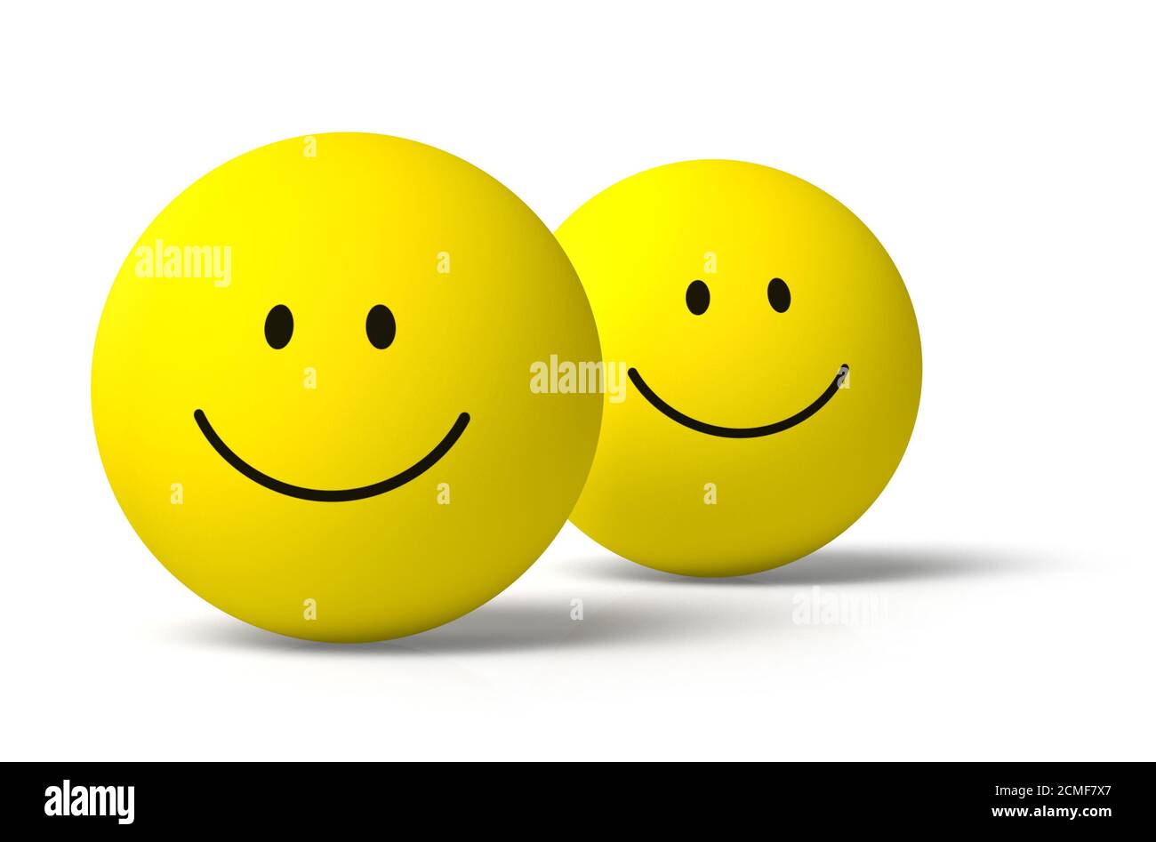 Due icone gialle rotonde di simboli emoji 3D felici insieme su sfondo bianco, ombra goccia Foto Stock