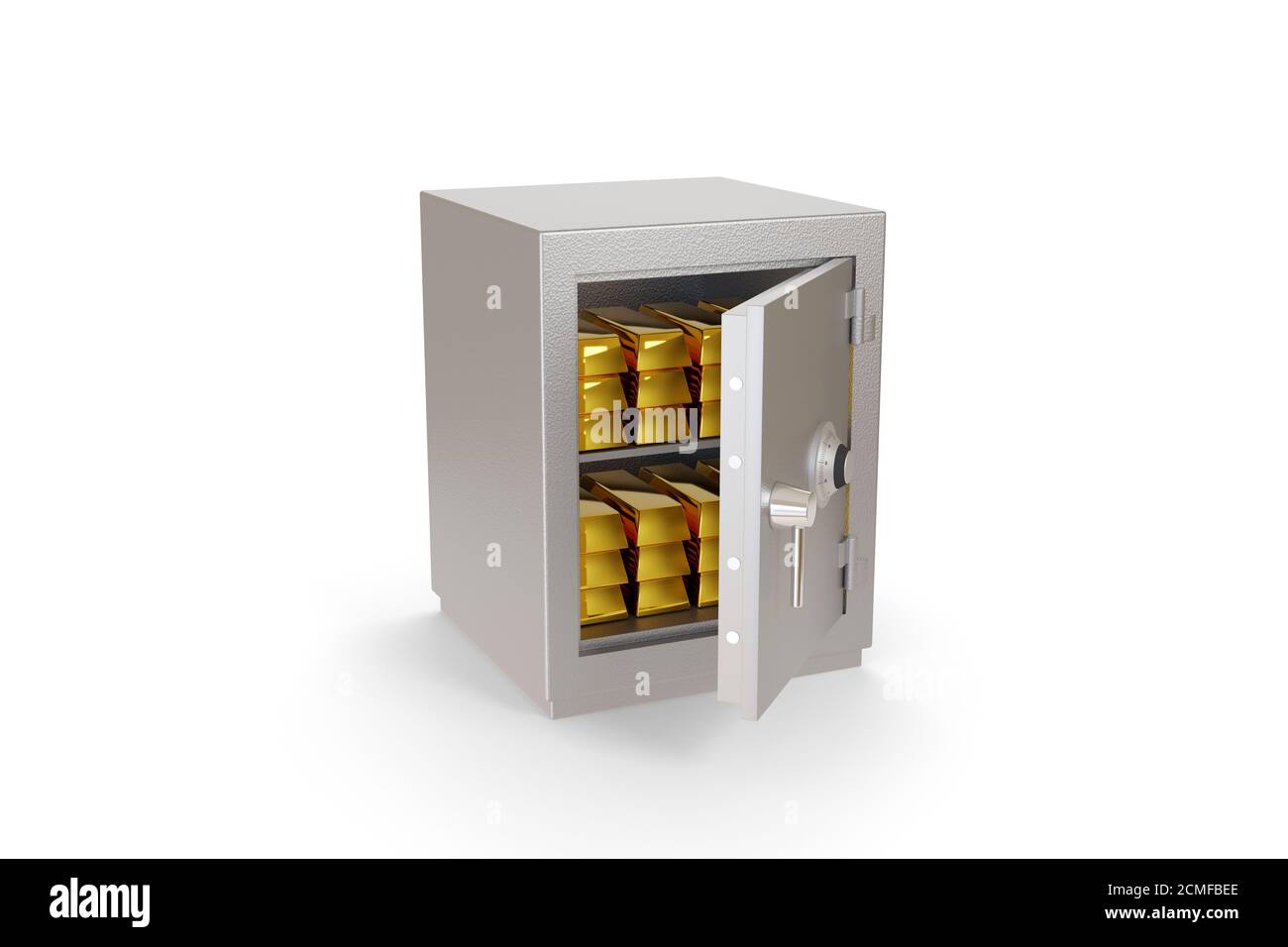 Aprire una cassetta di sicurezza piena di barre dorate isolate su uno sfondo bianco. illustrazione 3d. Foto Stock