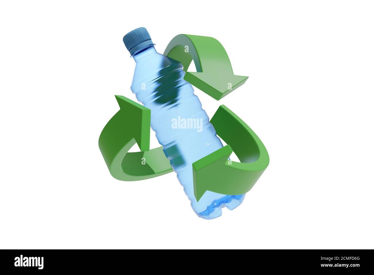 Bottiglia di plastica circondata dal simbolo di riciclo. illustrazione 3d. Foto Stock