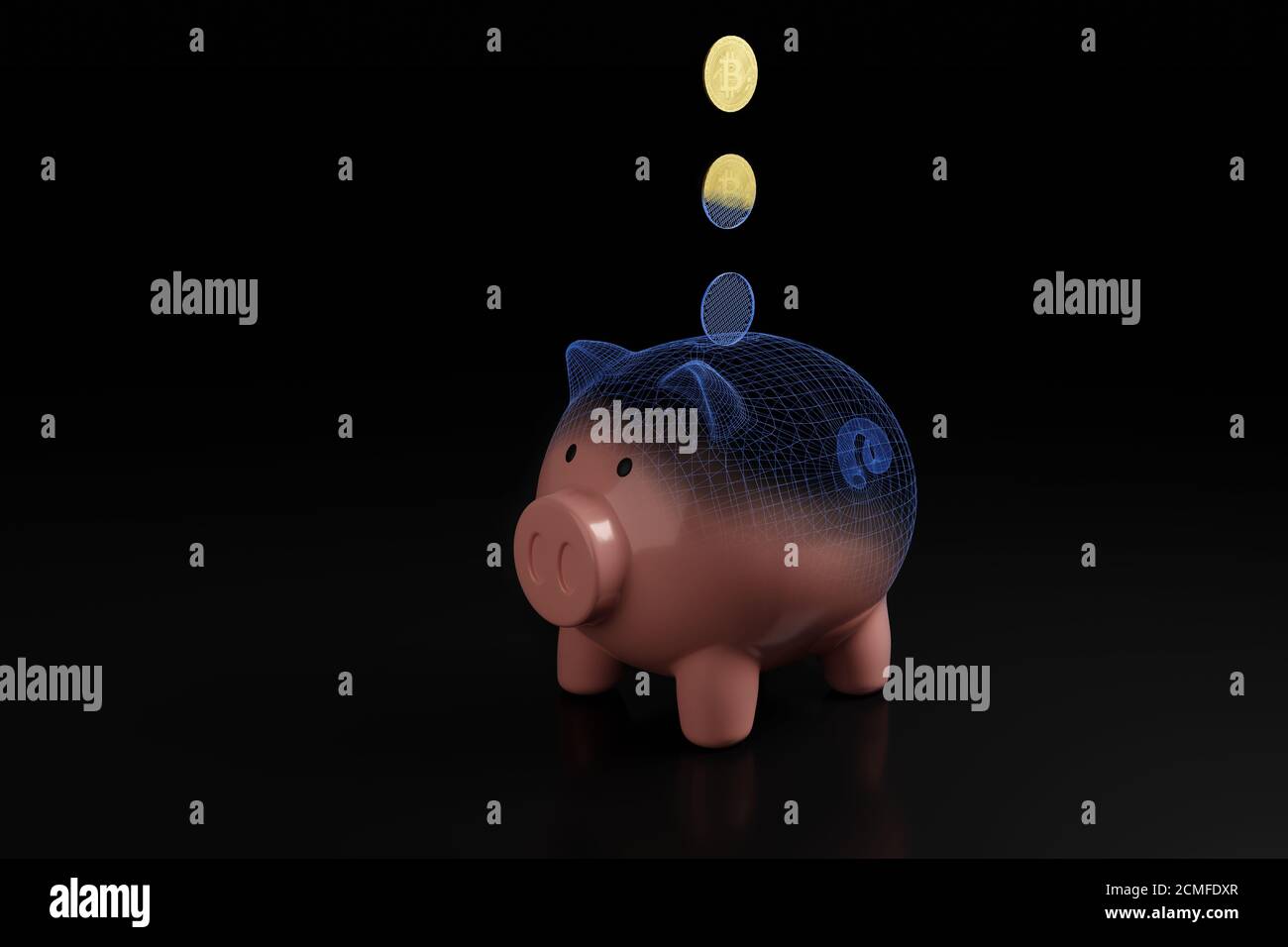 Moneta criptovaluta Bitcoin che cade in una banca piggy. Concetto di risparmio. illustrazione 3d. Foto Stock