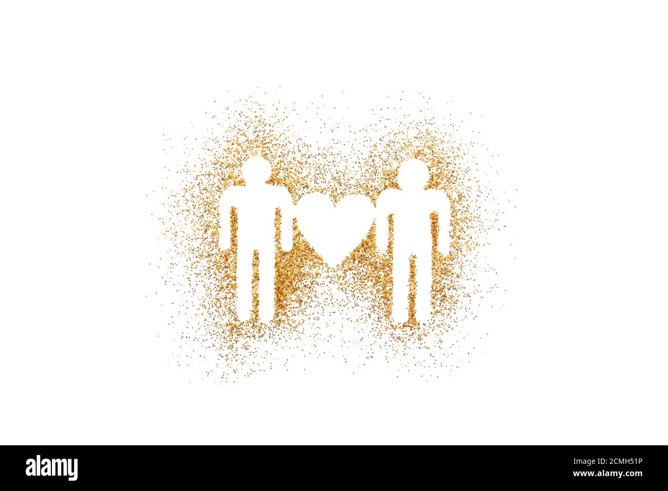 Gli uomini si sono collegati con la forma del cuore su glitter dorato sopra sfondo bianco Foto Stock