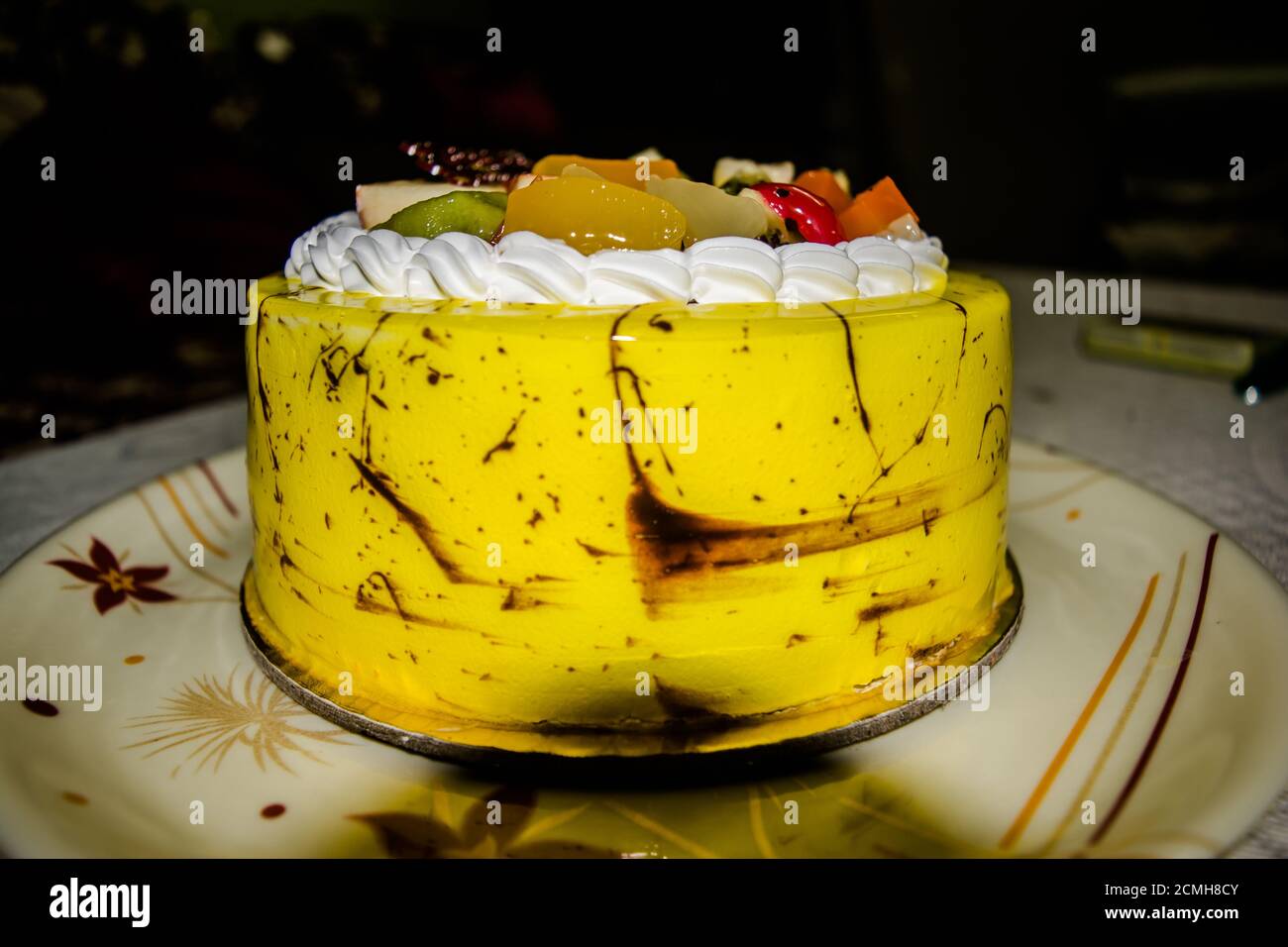 Gustosa torta di frutta gialla con sapore di vaniglia Foto Stock