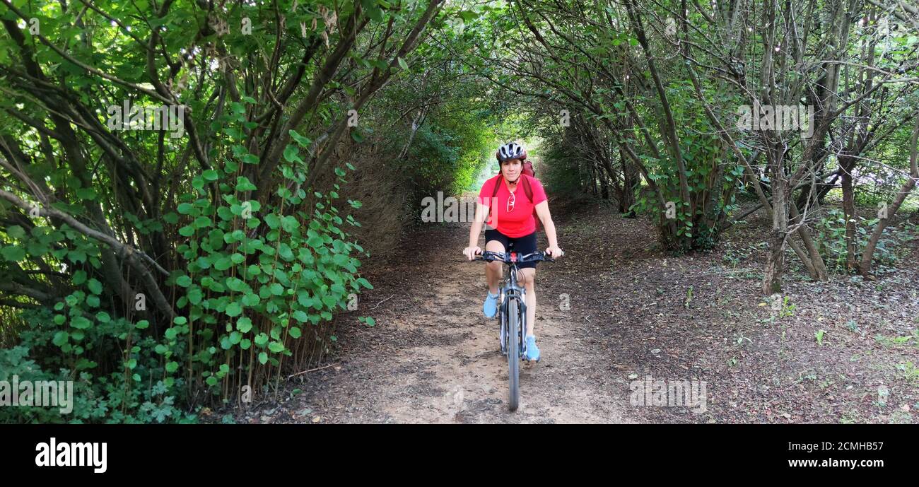 donna in bicicletta in una foresta con alberi verdi Foto Stock