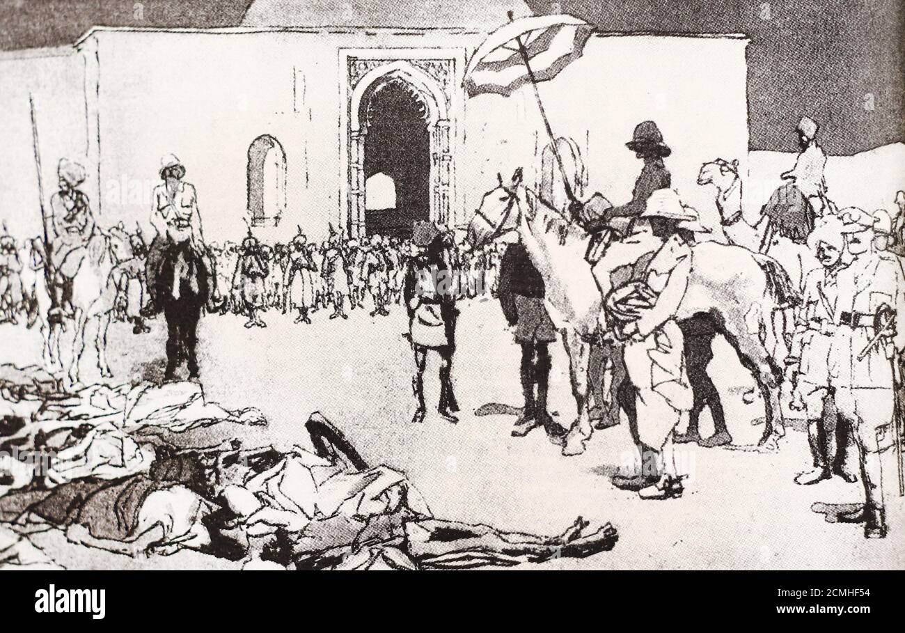 Massacro di Amritsar. Disegno dal 1921. Il massacro di Jallianwala Bagh, noto anche come massacro di Amritsar, ebbe luogo il 13 aprile 1919, quando il generale del brigadiere Reginald Dyer ordinò alle truppe dell'esercito indiano britannico di sparare i loro fucili in una folla di civili indiani disarmati a Jallianwala Bagh, Amritsar, Punjab, uccidendo almeno 379 persone e ferendo oltre 1,200 altre persone. Foto Stock