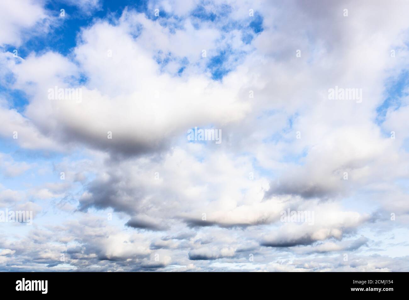 molte nuvole di cumuli bianchi soffici in cielo blu scuro su Giorno di settembre Foto Stock