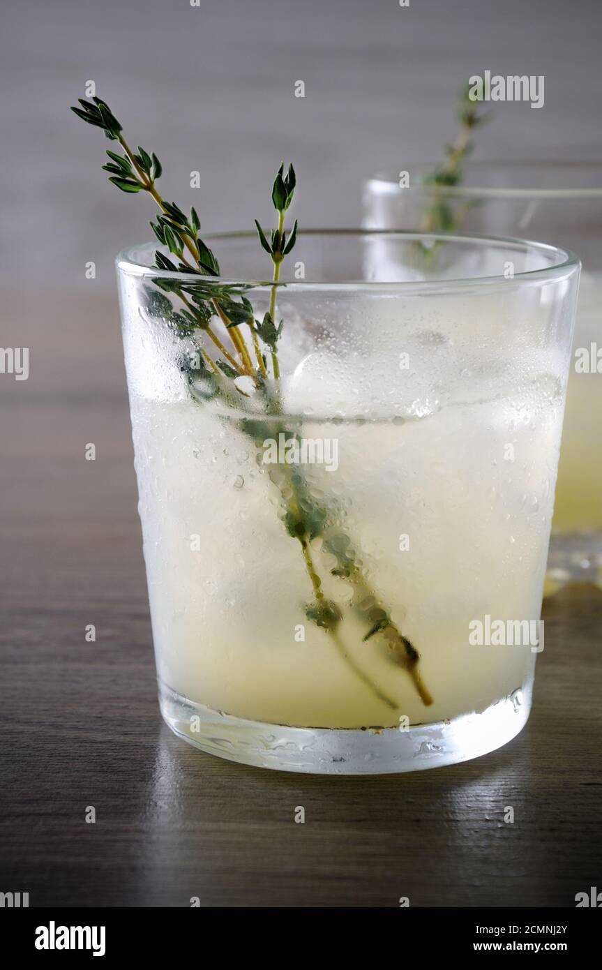 cocktail a base di gin, succo di limone o succo di lime e note di timo. Coccolatevi con una r Foto Stock