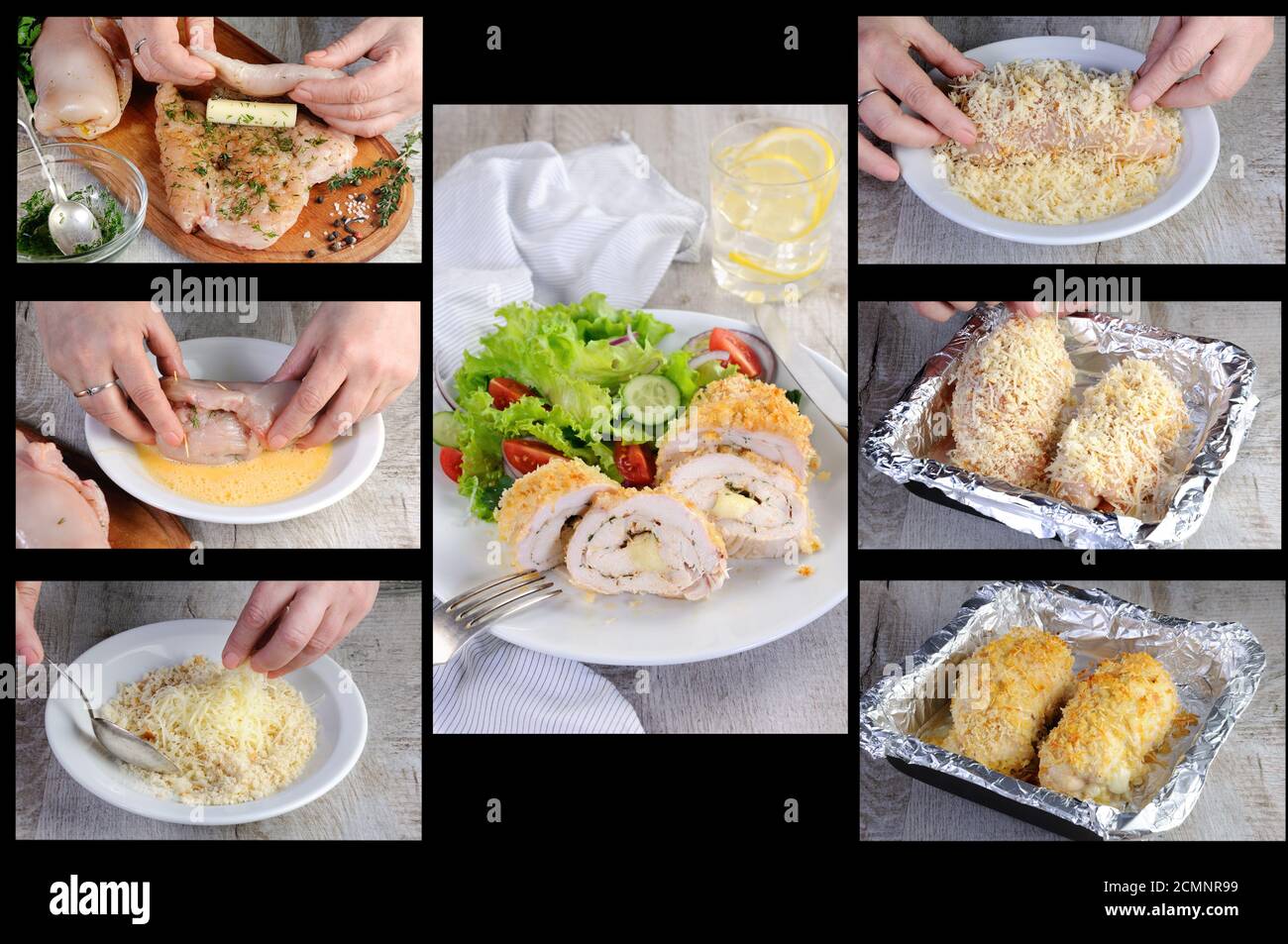 Passo-passo ricetta per involtini di pollo con verdi e mozzarella in panatura. Foto Stock