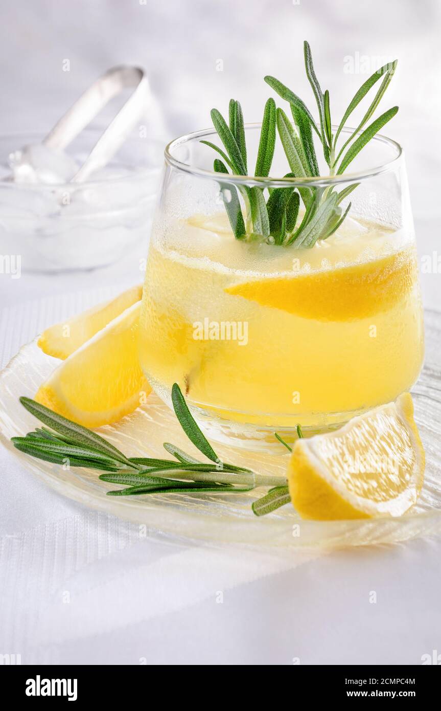 Refrigerate cocktail di vodka e tonico con l'aggiunta di spremuta di succo di limone Foto Stock