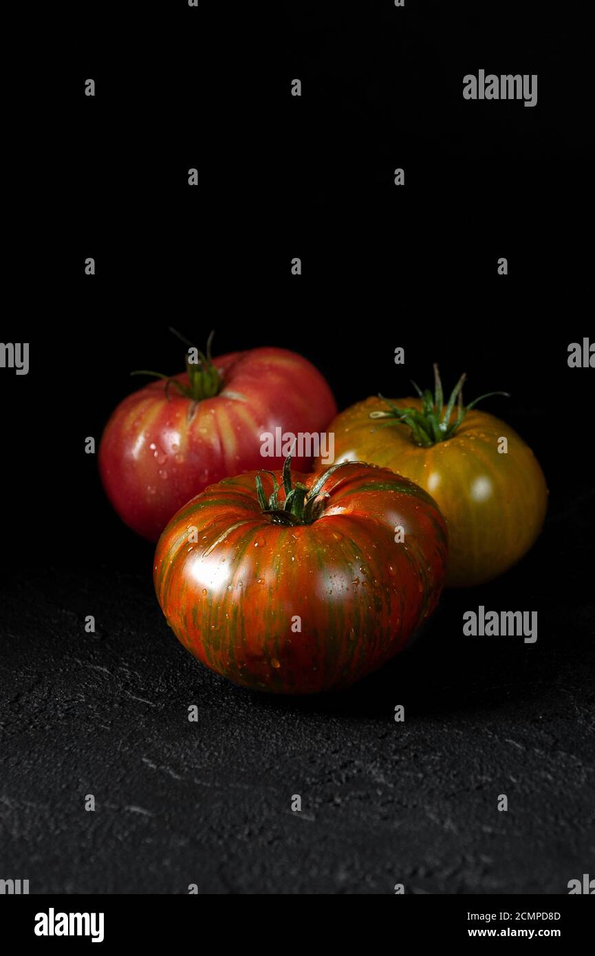 Pomodori ereditari. Tre pomodori di colori diversi su uno sfondo nero testurizzato primo piano. Foto Stock