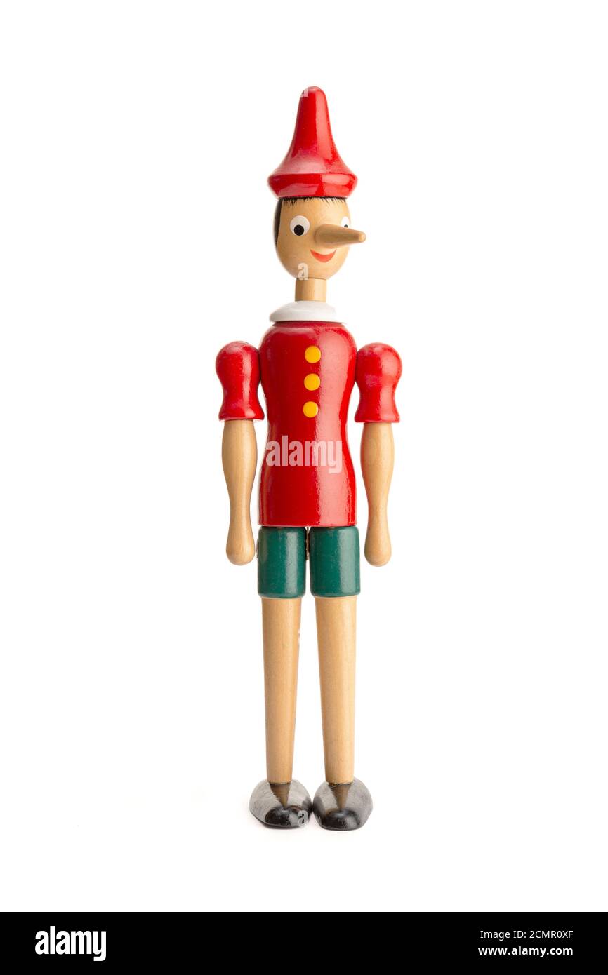 Pupazzo di Pinocchio isolato su sfondo bianco Foto Stock