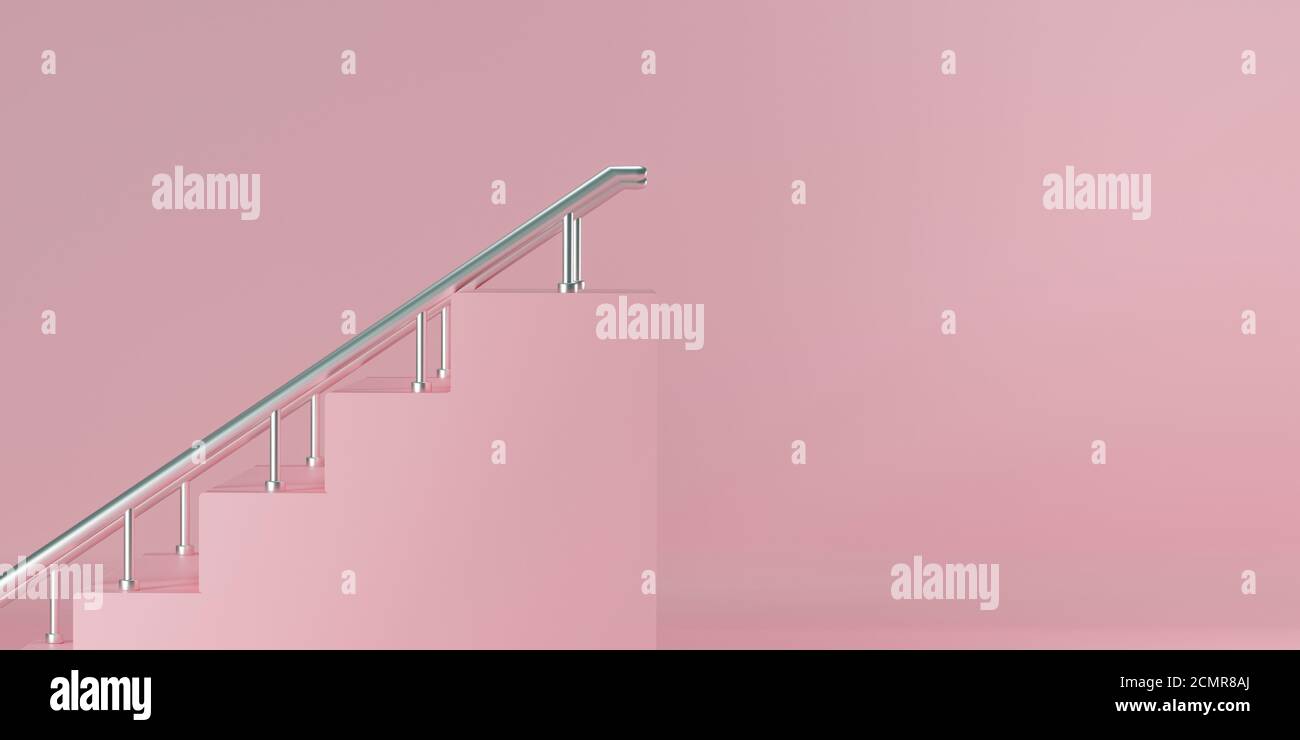 scale rosa con corrimano in metallo su sfondo rosa. Scena minima astratta con spazio di copia per testo e messaggio sul lato destro. Foto Stock