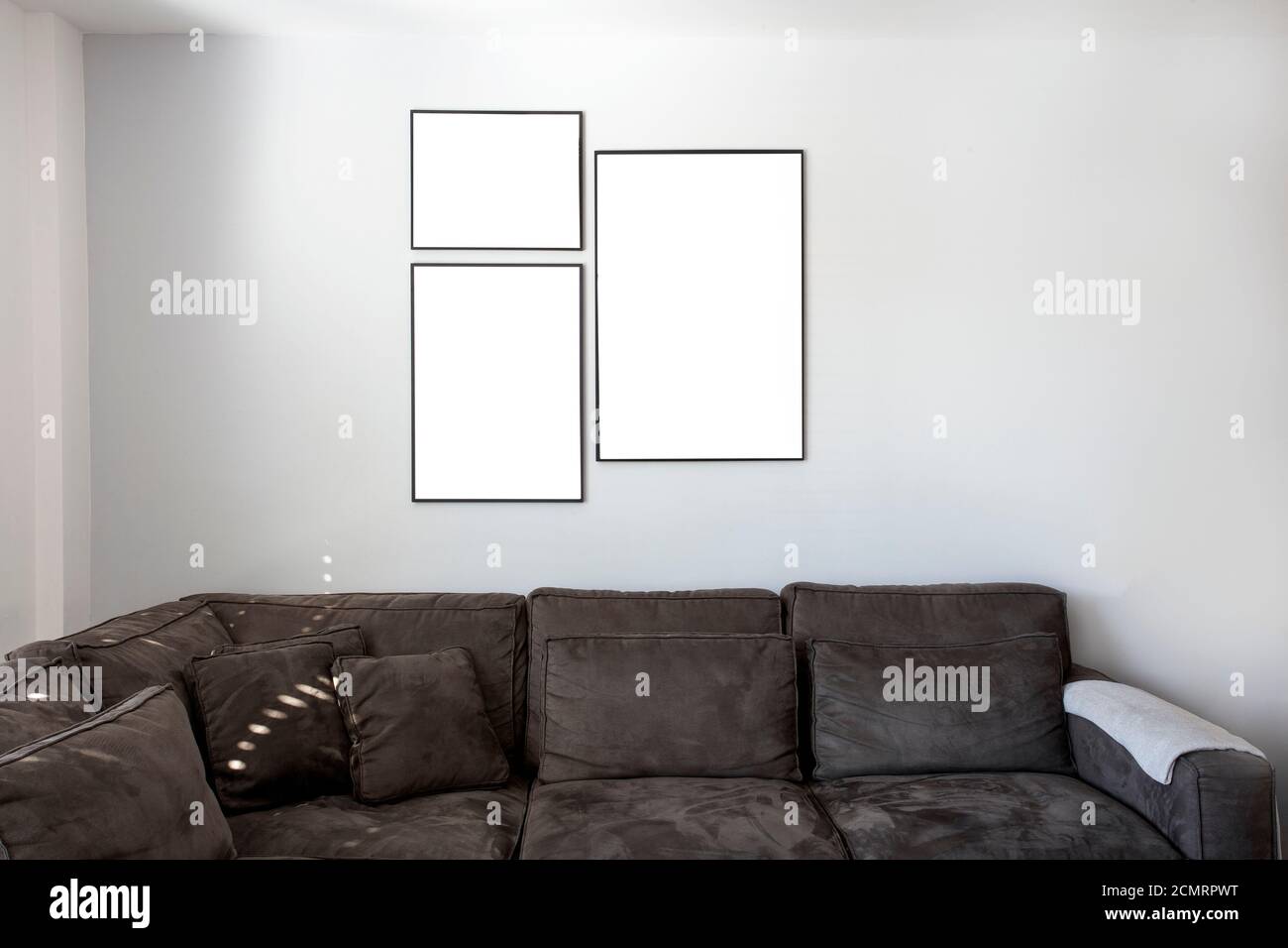Moderno interno scuro divano e albero cornici quadro vuoto sulla parete,  poster vuoto, spazio in tela per il testo nel soggiorno Foto stock - Alamy