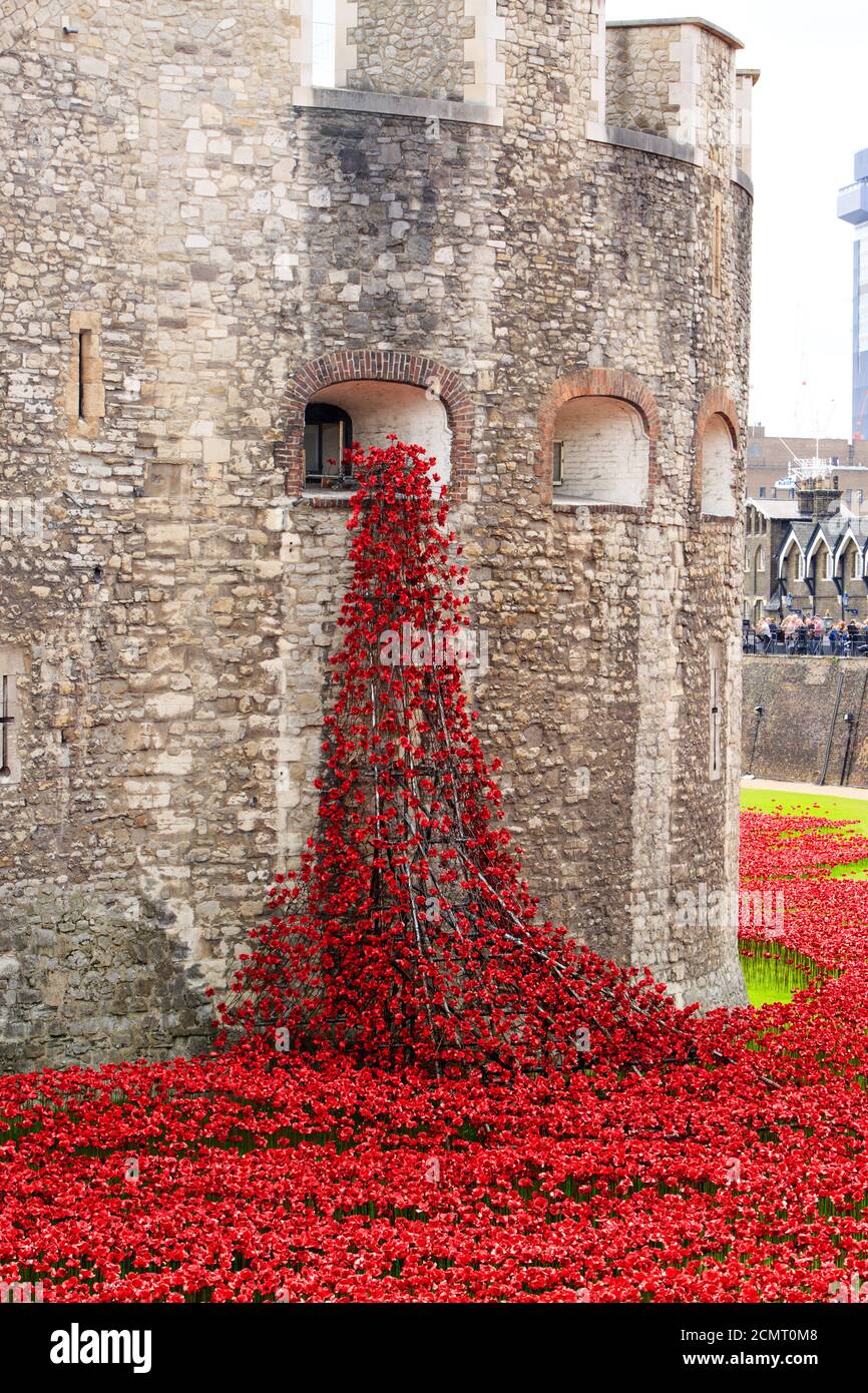 Centenario della prima guerra mondiale alla Torre di Londra, con migliaia di papaveri in ceramica che raffigurano ogni vita persa nella guerra, 2014 Foto Stock