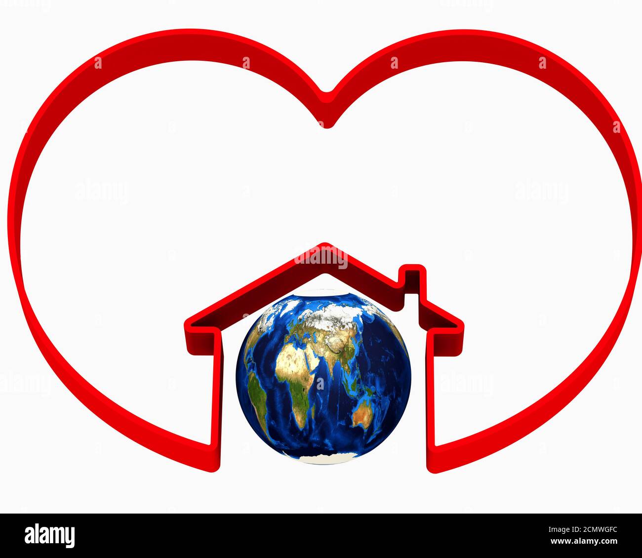 Il mondo è la nostra casa preferita. Globo con il simbolo rosso della casa e del cuore. Isolato. Illustrazione 3D Foto Stock
