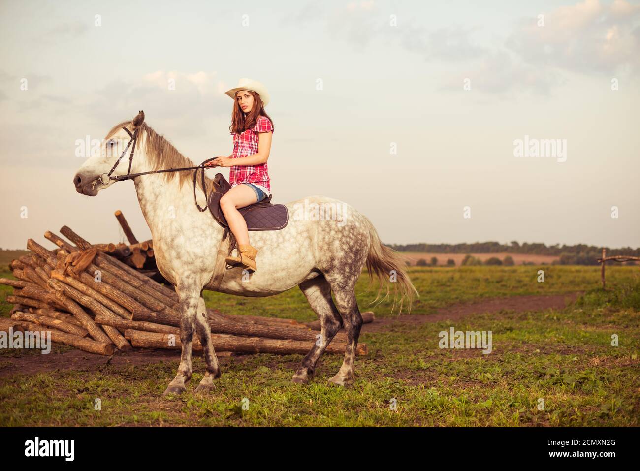 Giovane donna in cappello in estate fattoria tramonto cavalcare bianco cavallo Foto Stock