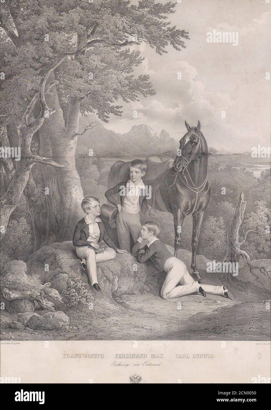Josef Kriehuber Die Erzherzöge Franz Joseph - Ferdinand Max - Carl Ludwig 1844. Foto Stock