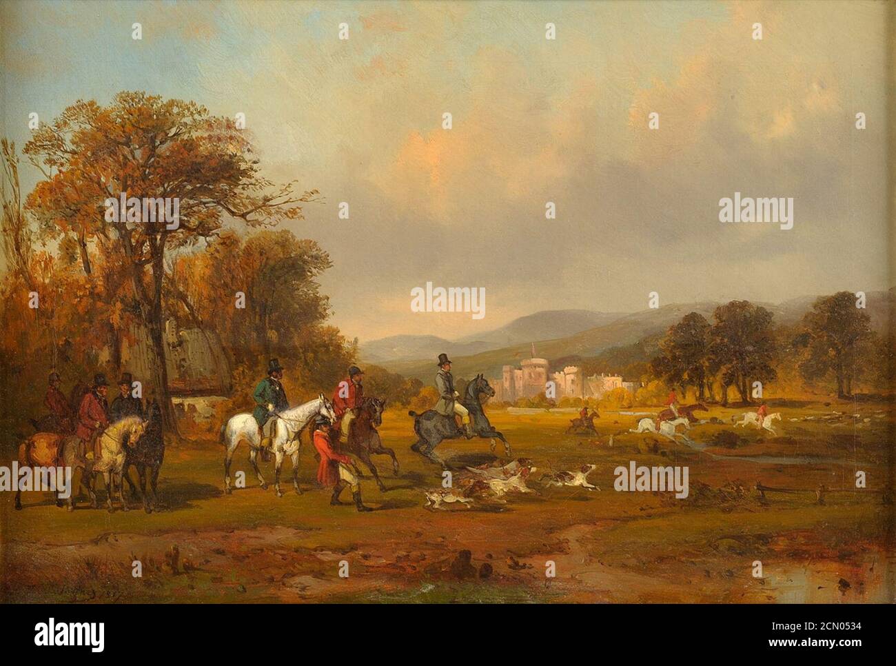 Josef Püttner Jagngesellschaft mit Meute im Schlosspark 1857. Foto Stock