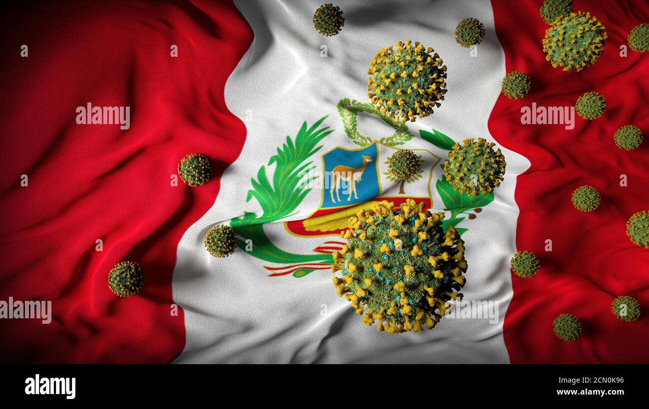 COVID-19 molecole di Coronavirus sulla bandiera peruviana - crisi di salute con Aumento dei casi di COVID - Perù Virus Pandemic casualità astratto Sfondo Foto Stock
