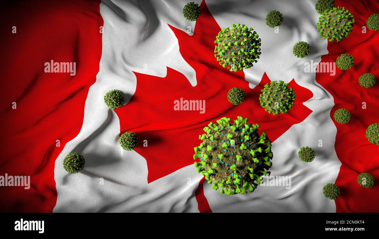 COVID-19 molecole di Coronavirus sulla bandiera canadese - crisi di salute con Aumento dei casi di COVID - Canada Virus Pandemic casueties Abstract Sfondo Foto Stock