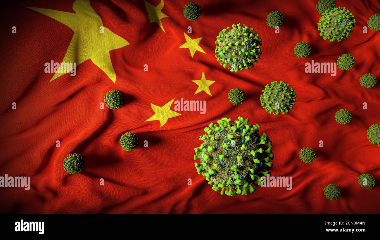 COVID-19 molecole di Coronavirus sulla bandiera cinese - Paese di origine per Crisi sanitaria globale - la Cina aumenta nei casi COVID - Copertura delle vittime di virus Pandemic Foto Stock