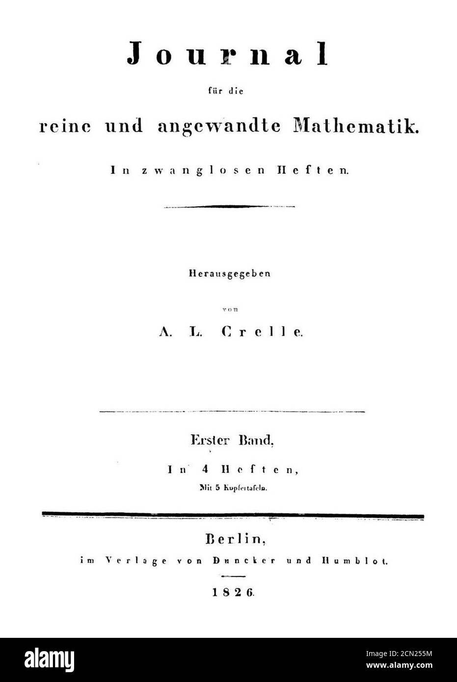 Journal für die reine und Angewandte Mathematik 1826 Titel. Foto Stock
