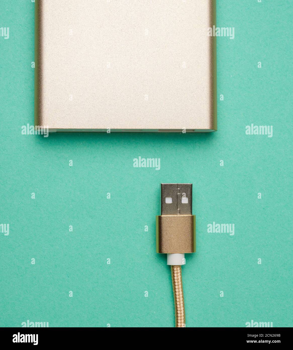 power bank e cavo golden con connettore usb per ricarica dei dispositivi mobili su sfondo verde Foto Stock