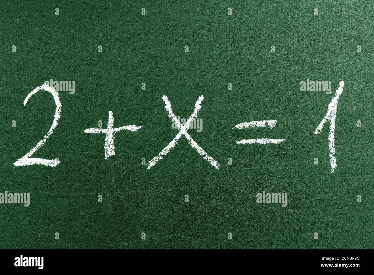 Equazione matematica complessa sulla lavagna verde della scuola. Scrivere a mano semplici equazioni matematiche. Istruzione e apprendimento Foto Stock
